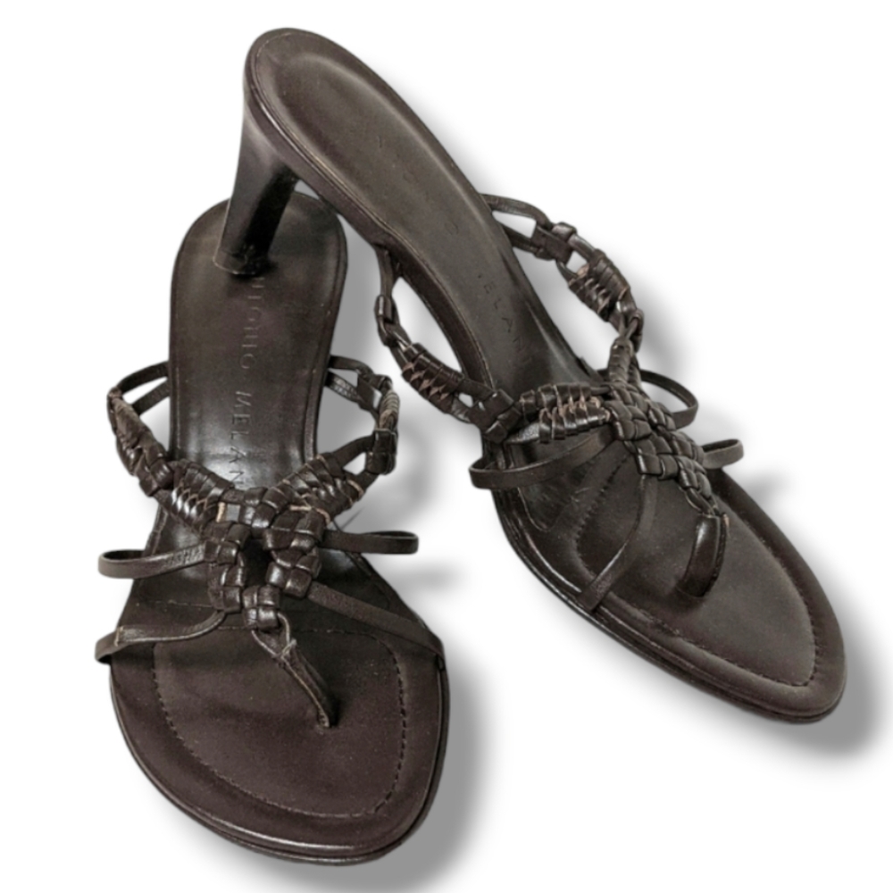 Antonio Melani Daryl Sandals Heels Brown Woven Leather Strappy Size 6 Damaged